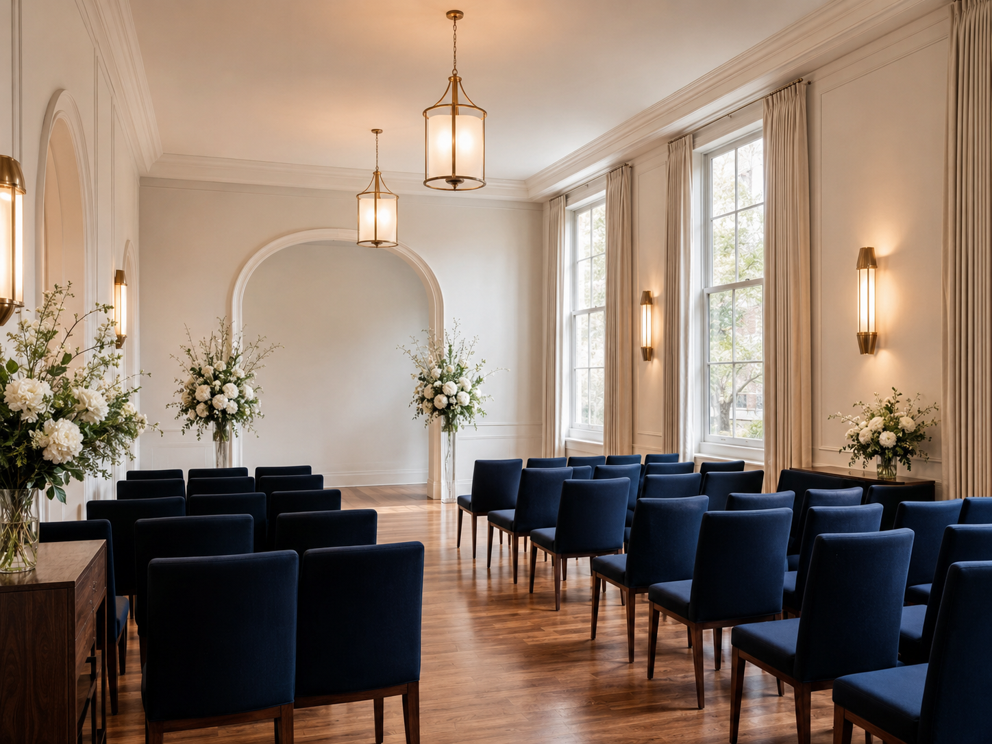 A bright, peaceful chapel with navy seating and white floral arrangements
