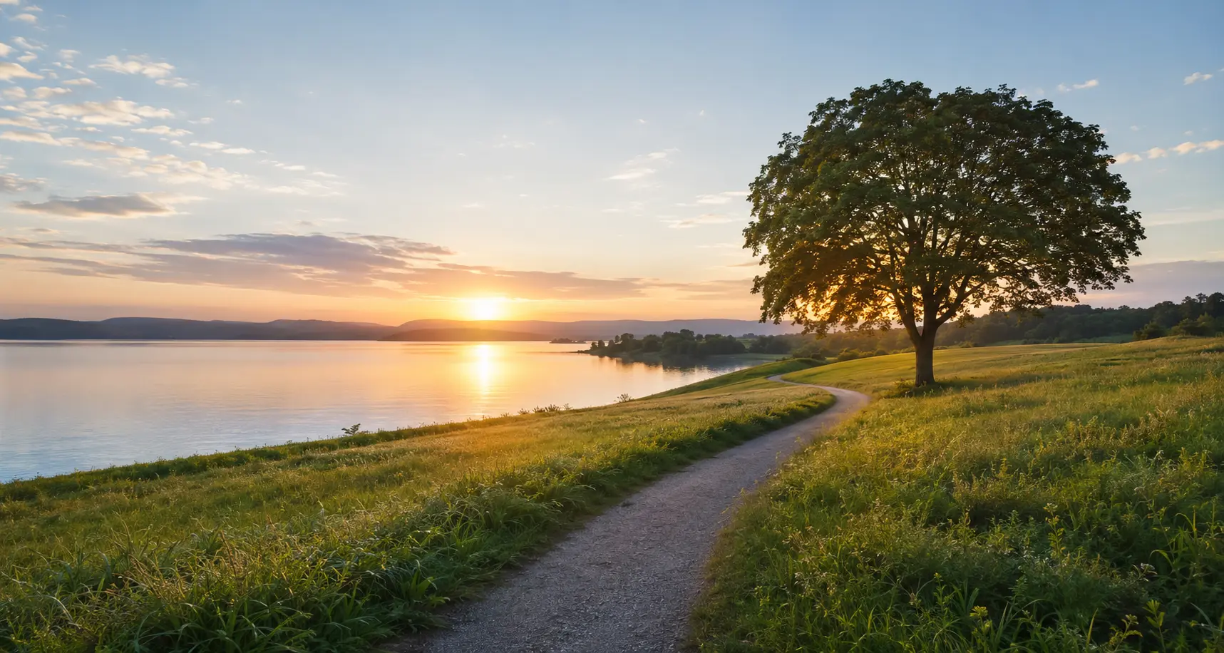A serene sunrise over calm water and a winding meadow path