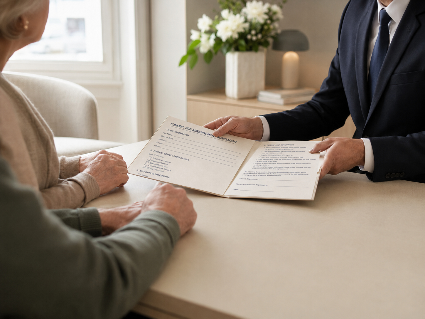 A funeral director reviewing a detailed funeral pre-arrangement agreement with a family